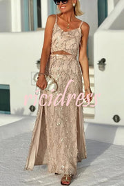 Evening Sky Tassel Sequin Cross Tank and High Rise Slit Maxi Skirt Set