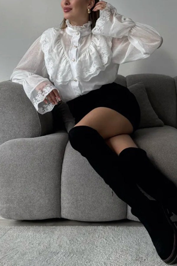 French Chiffon Ruffled Stand Collar Casual Shirt