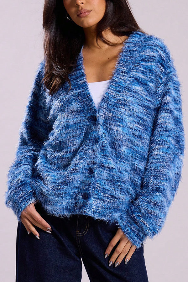 Fashionable Mixed Color Loose V-neck Casual Knit Cardigan