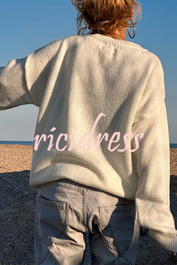 Letter Pattern Crew Neck Long Sleeve Loose Knit Sweater
