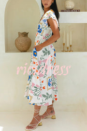 Boho Floral Print Buttoned V-neck Midi Dress
