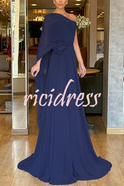 Iriena Chiffon One Shoulder Rose Decoration Waist Formal Maxi Dress