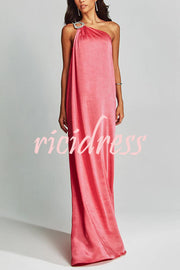 Charming Glance Satin Metal Hardware One Shoulder Loose Maxi Dress