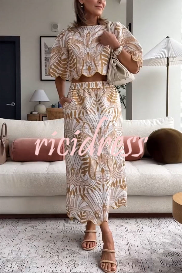 Korra Linen Blend Unique Print Wave Trim Bell Sleeve Top and Elastic Waist Pocket Midi Skirt Set