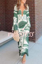 Holiday Fashion Unique Print Front Center Hollow Ring Long Sleeve Maxi Dress