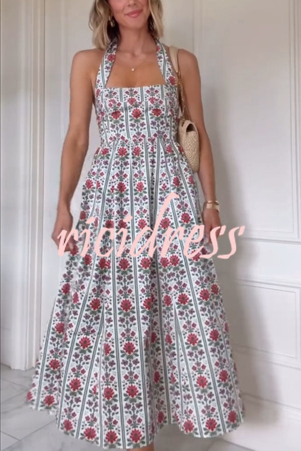 Summer Event Linen Blend Floral Pocketed Halter Maxi Dress
