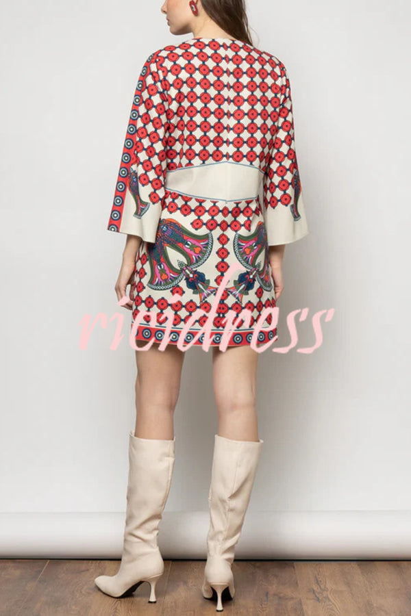Unique Print V-Neck Loose Holiday Mini Dress