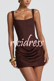 Cornelia Square Neck Back Lace-up Satin Drape Hem Mini Dress