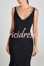 Moonlight Goddess Tweed Fabric Pearl Trim Fishtail Flare Bodycon Midi Dress