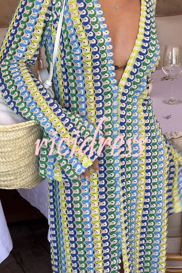 Bondi Beach Knit Colorful Wave Print Long Sleeve Vacation Maxi Dress