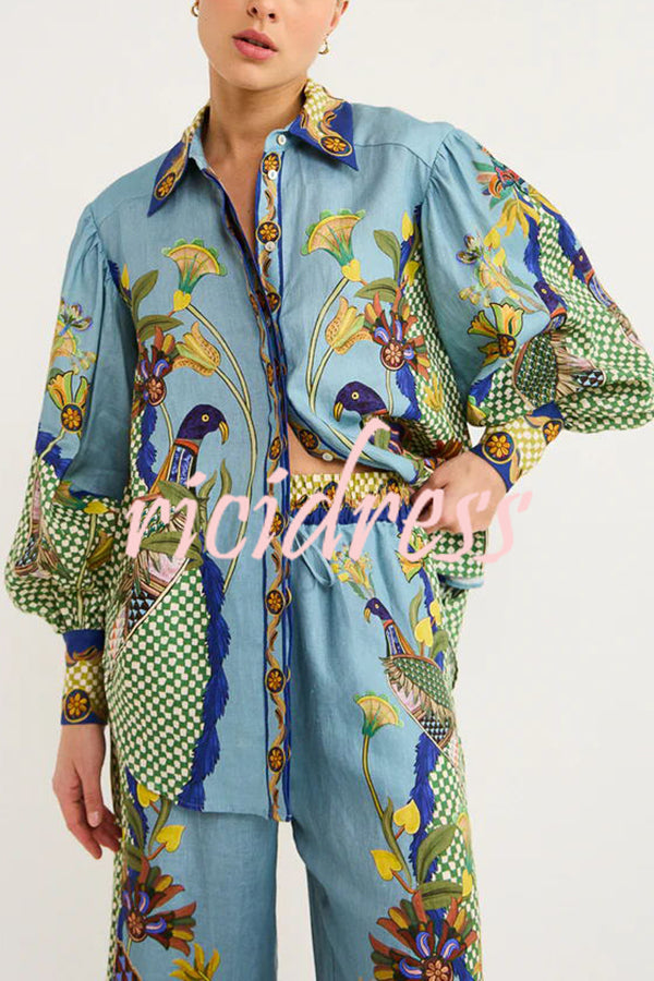 Sun Seeking Unique Heaven Bird Print Balloon Sleeve Button Loose Shirt