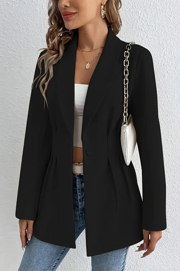 Solid Color Lapel Long Sleeve Elegant Pleated Waist Blazer