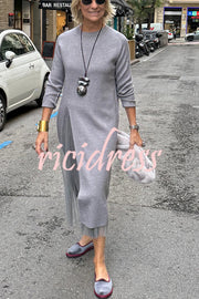 Jollie Knit Long Sleeve Front Slit Midi Sweater and Pleated Tulle Stretch Tank Midi Dress Two-piece Set