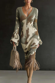 Unique Printed V-neck Long-sleeved Elegant Tassel Hem Midi Dress
