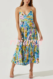 Wedding Party Season Floral Print Pleated Back Tie-up Midi Dress