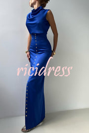 Solid Color Casual Sleeveless Crop Top and Elegant Button-down Maxi Skirt Set