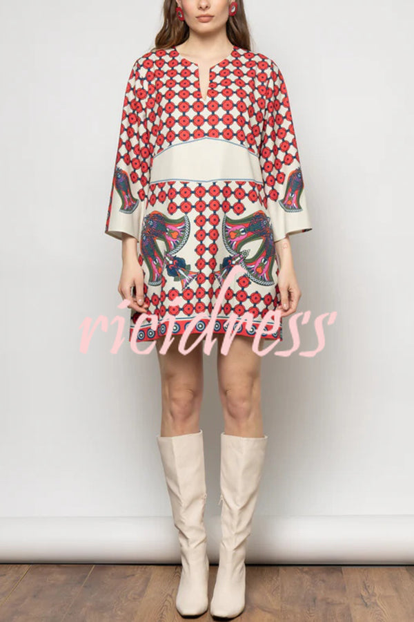 Unique Print V-Neck Loose Holiday Mini Dress
