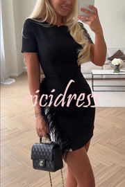 Marcelle Feather Trim Short Sleeve Color-block Him Mini Dress
