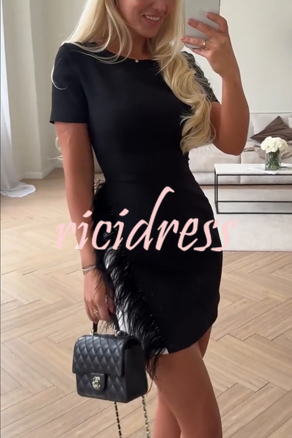 Marcelle Feather Trim Short Sleeve Color-block Him Mini Dress