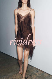 Elouise Satin Lace Trim V-neck Asymmetrical Hem Slip Mini Dress