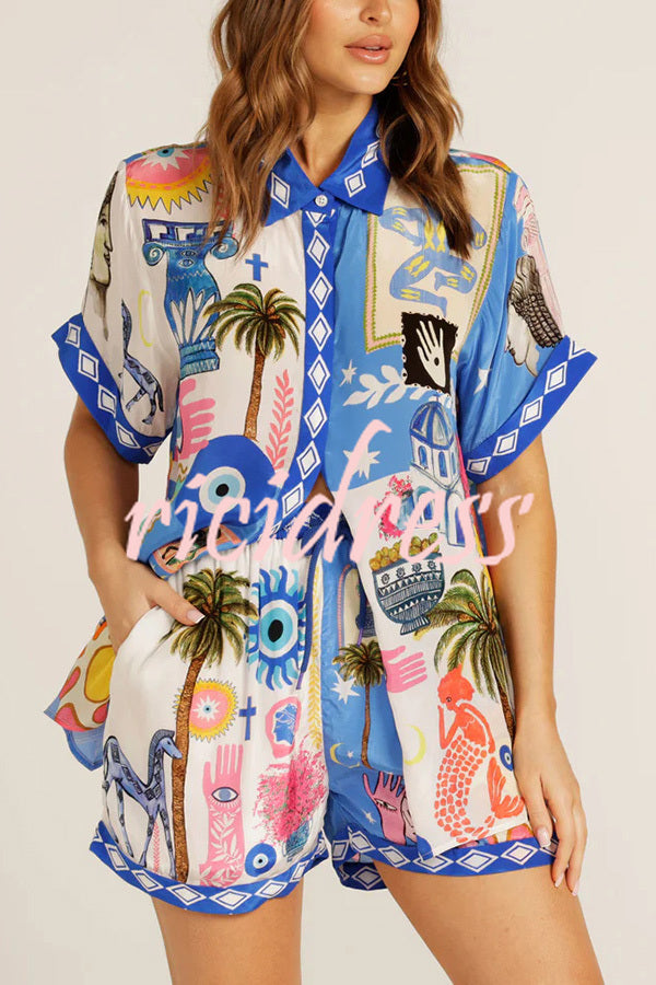 Unique Printed Short-sleeved Casual Loose Shirt and Elastic Waist Drawstring Pocket Shorts Set