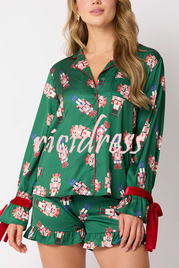 Christmas Fashion Printed Bow Tie Top and Elastic Waist Ruffle Shorts Set