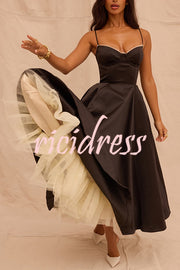 Fairytale Vibe Satin Patchwork Tulle Sweetheart Neck Pocket Stretch Midi Dress