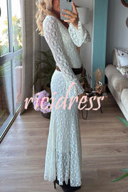 Aster Embroidered Lace Chiffon V-neck Long Bell Sleeve Stretch Flare Maxi Dress