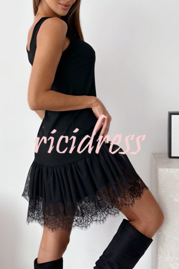 Breezy City Tulle Lace Tiered Hem Stretch Tank Mini Dress