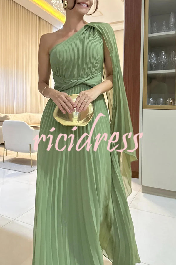 Kate Pleated One Shoulder Drape Sleeve Twist Waist Maxi Dress