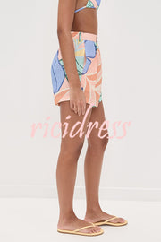 Bella Linen Blend Colorful Unique Print Long Sleeve Blouse and Elastic Waist Pocket Loose Shorts Set