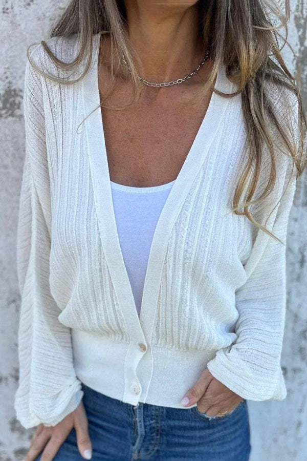 Solid Color Loose V-neck Long-sleeved Casual Knitted Sweater