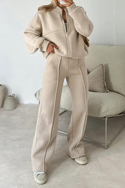 Solid Color Long-sleeved Zip-up Sports Jacket and Casual Elastic Waist Pocket Pants Set