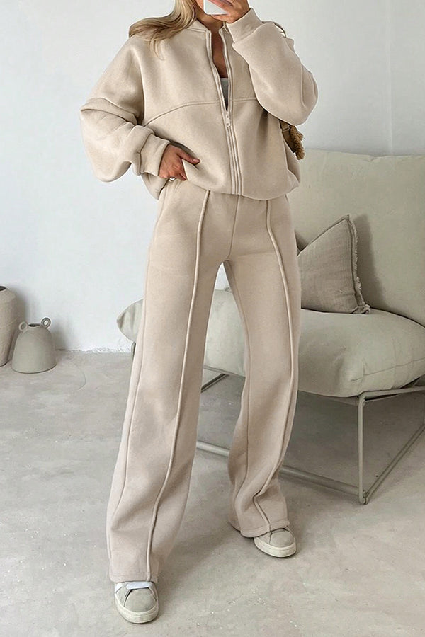 Solid Color Long-sleeved Zip-up Sports Jacket and Casual Elastic Waist Pocket Pants Set