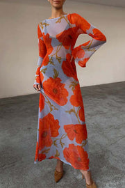 Perfect Cross-season Mesh Poppy Flower Print Long Sleeve Stretch Maxi Dress