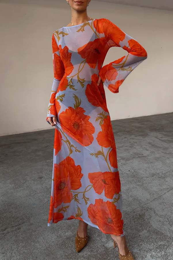 Perfect Cross-season Mesh Poppy Flower Print Long Sleeve Stretch Maxi Dress