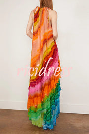 Rosha Georgette Crepe Tie-dye Print Layered Ruffles A-line Maxi Dress