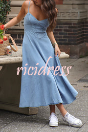 Solid Color Sleeveless Suspender Pleated Back Faux Denim Midi Dress