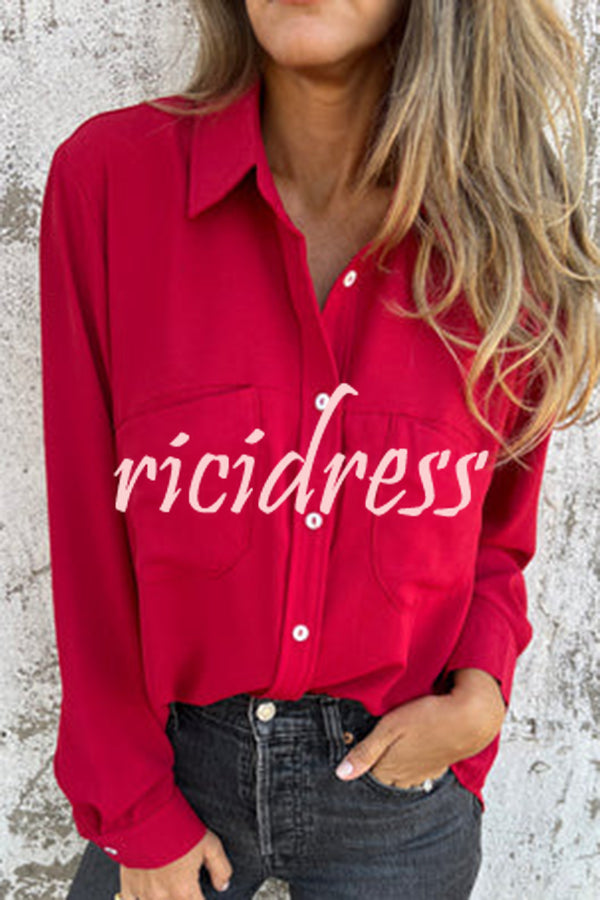 Solid Color Lapel Button Pocket Casual Long Sleeve Shirt