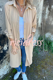 Solid Color Lapel Long Sleeve Button Casual Long Shirt