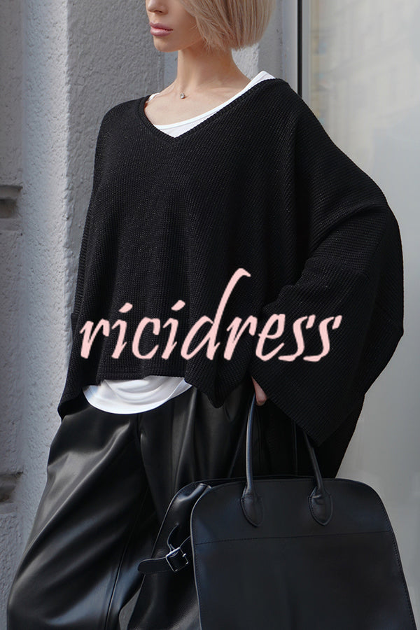 Warm Winter Ribbed Knit V-neck Batwing Sleeve Loose Relaxed Sweater