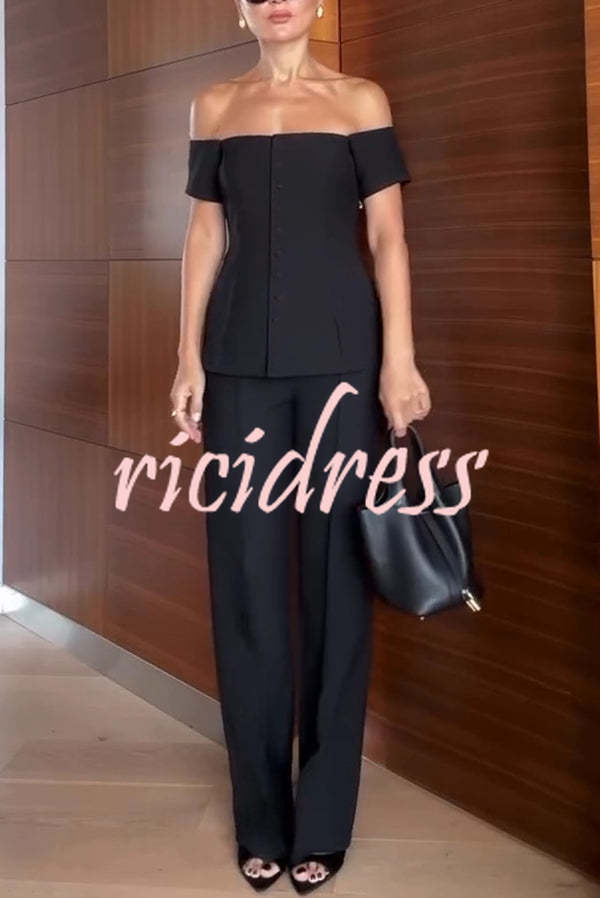 Solid Color Off-the-shoulder Single-breasted Top and Casual Pocket Straight-leg Pants Set
