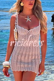 Fashion Pearl Embellished Knit Hollow Strap Mini Dress