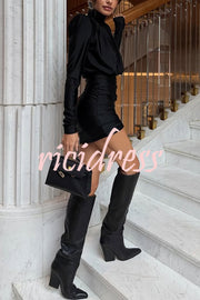 Stylish High-Neck Long-Sleeved Slim-Fit Pleated Mini Dress
