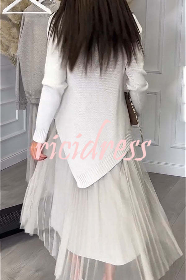 Jensine Ribbed Knit Long Sleeve Irregular Hem Loose Sweater