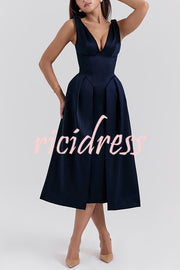 Midnight Charm Satin Twist Shoulder Straps Pocket Pleated Midi Dress