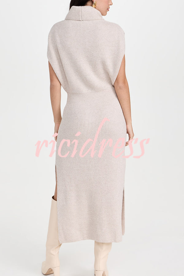 Solid Color Sleeveless Knitted Elegant Waist Midi Dress