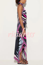 Satin Unique Print Halter Top and Irregular Midi Skirt Set