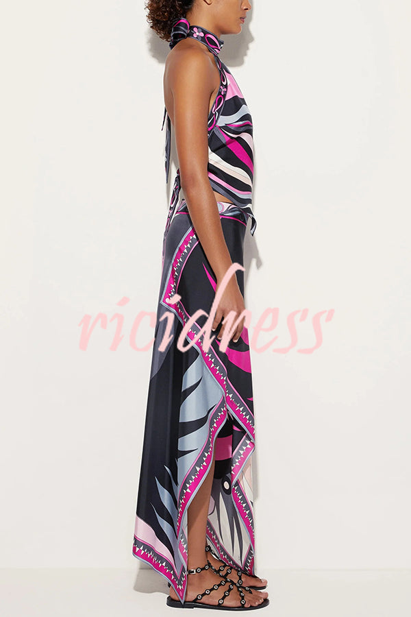 Satin Unique Print Halter Top and Irregular Midi Skirt Set