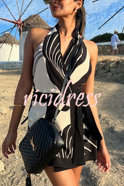 Unique Printed Open Back Waist Tie Holiday Mini Dress